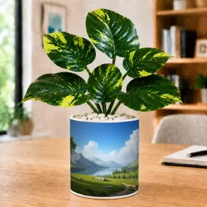 Artificial Tree Ceramic Photo Pot With White Stones 3x4 Inch (F165773)
