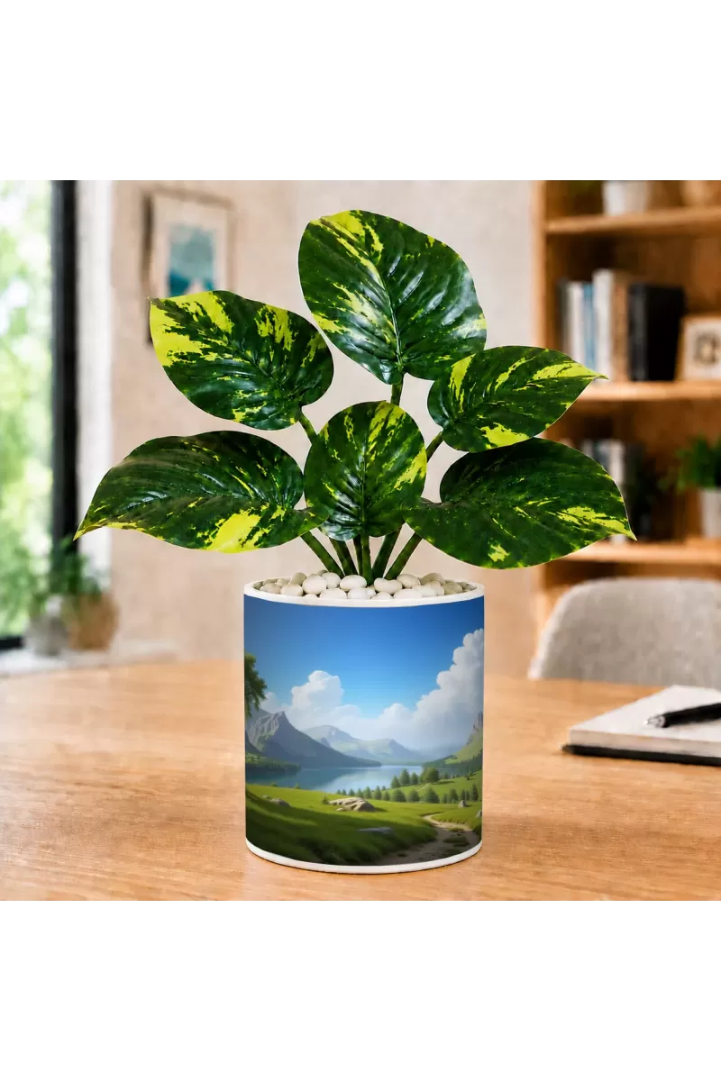 Artificial Tree Ceramic Photo Pot With White Stones 3x4 Inch (F165773)