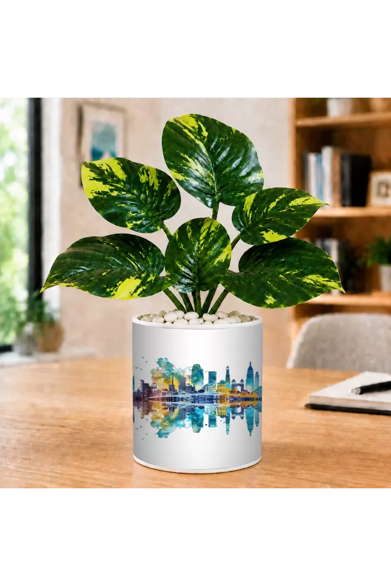Artificial Tree Ceramic Photo Pot With White Stones 3x4 Inch (F165782)