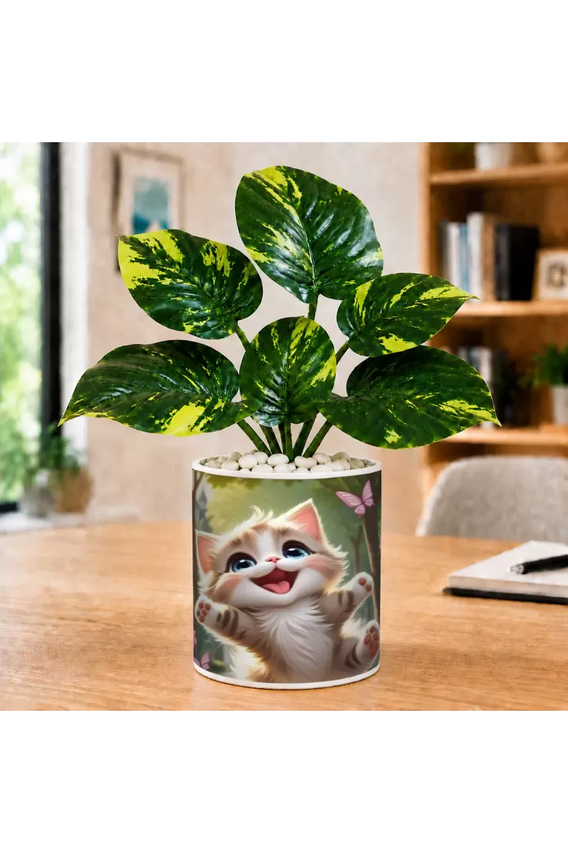Artificial Tree Ceramic Photo Pot With White Stones 3x4 Inch (F165788)