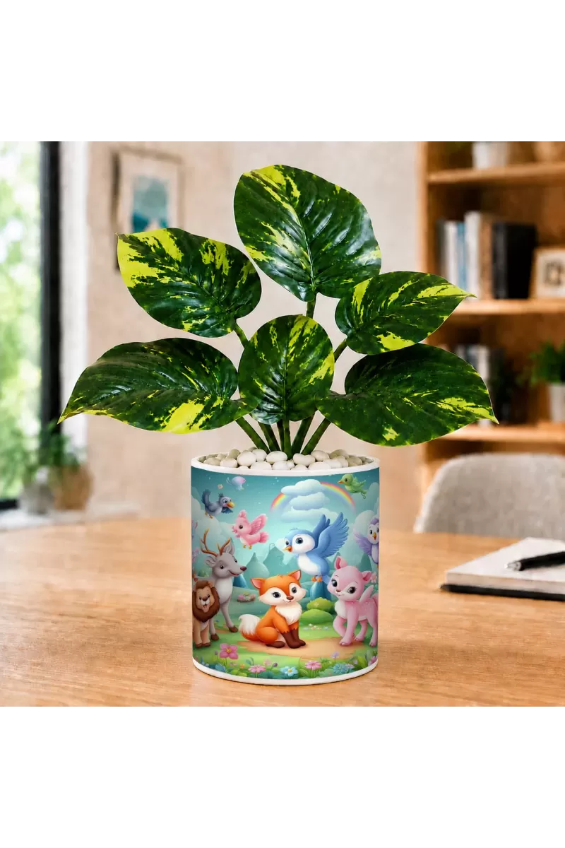 Artificial Tree Ceramic Photo Pot With White Stones 3x4 Inch (F165791)