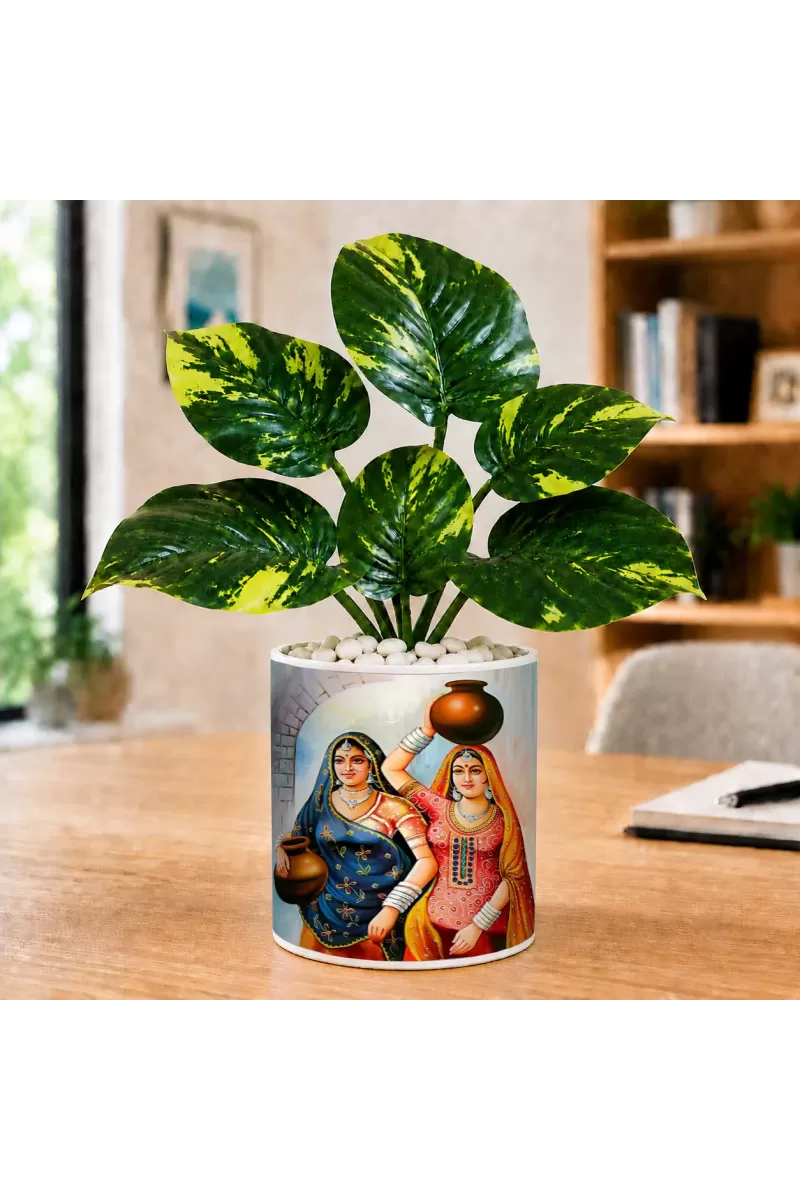 Artificial Tree Ceramic Photo Pot With White Stones 3x4 Inch (F165792)