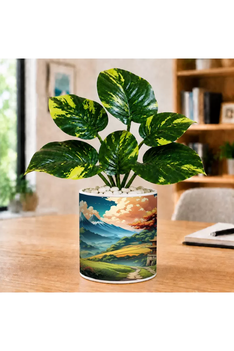 Artificial Tree Ceramic Photo Pot With White Stones 3x4 Inch (F165795)