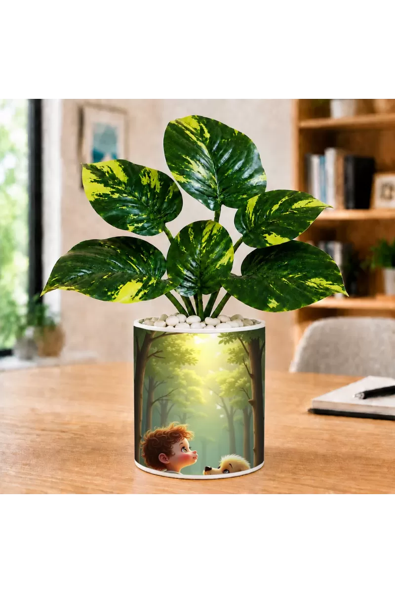 Artificial Tree Ceramic Photo Pot With White Stones 3x4 Inch (F165802)