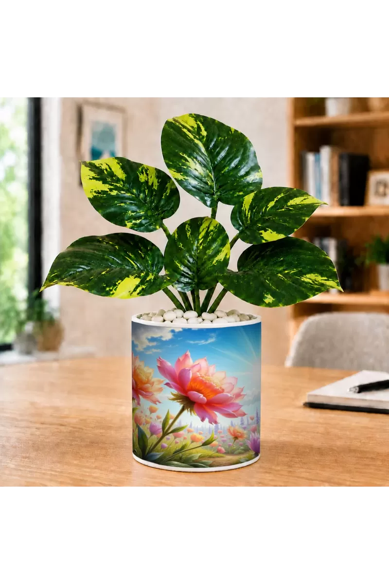Artificial Tree Ceramic Photo Pot With White Stones 3x4 Inch (F165807)