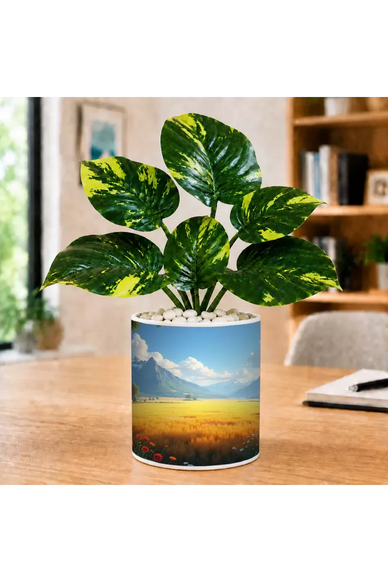 Artificial Tree Ceramic Photo Pot With White Stones 3x4 Inch (F165808)