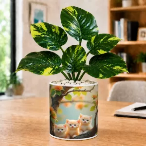 Artificial Tree Ceramic Photo Pot With White Stones 3x4 Inch (F165809)