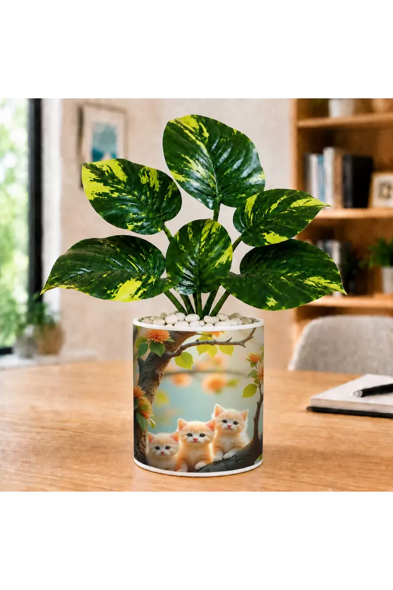 Artificial Tree Ceramic Photo Pot With White Stones 3x4 Inch (F165809)
