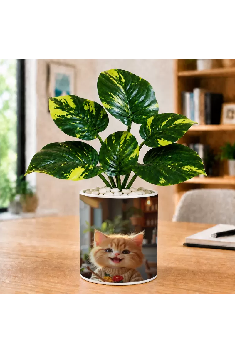 Artificial Tree Ceramic Photo Pot With White Stones 3x4 Inch (F165813)
