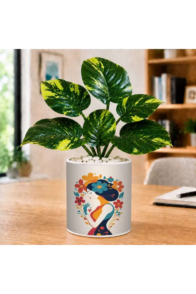 Artificial Tree Ceramic Photo Pot With White Stones 3x4 Inch (F165814)