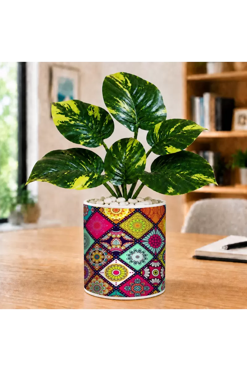Artificial Tree Ceramic Photo Pot With White Stones 3x4 Inch (F165818)