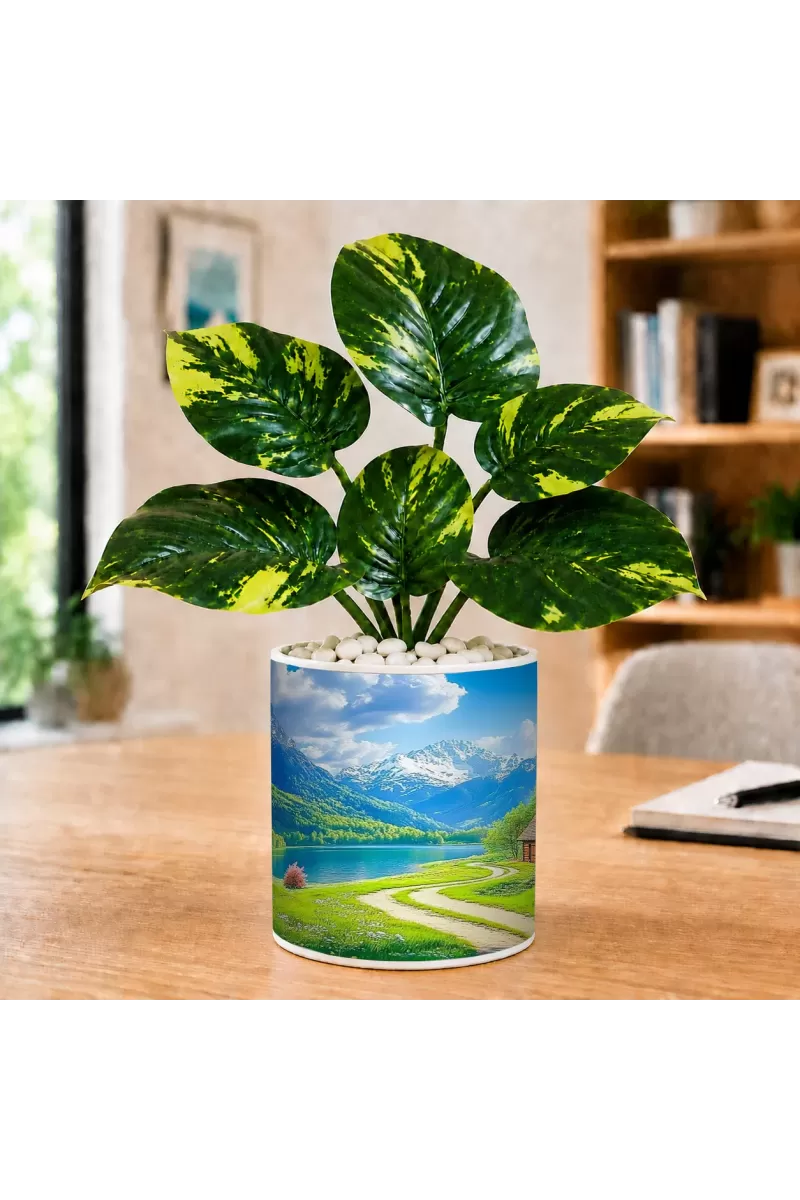 Artificial Tree Ceramic Photo Pot With White Stones 3x4 Inch (F165830)