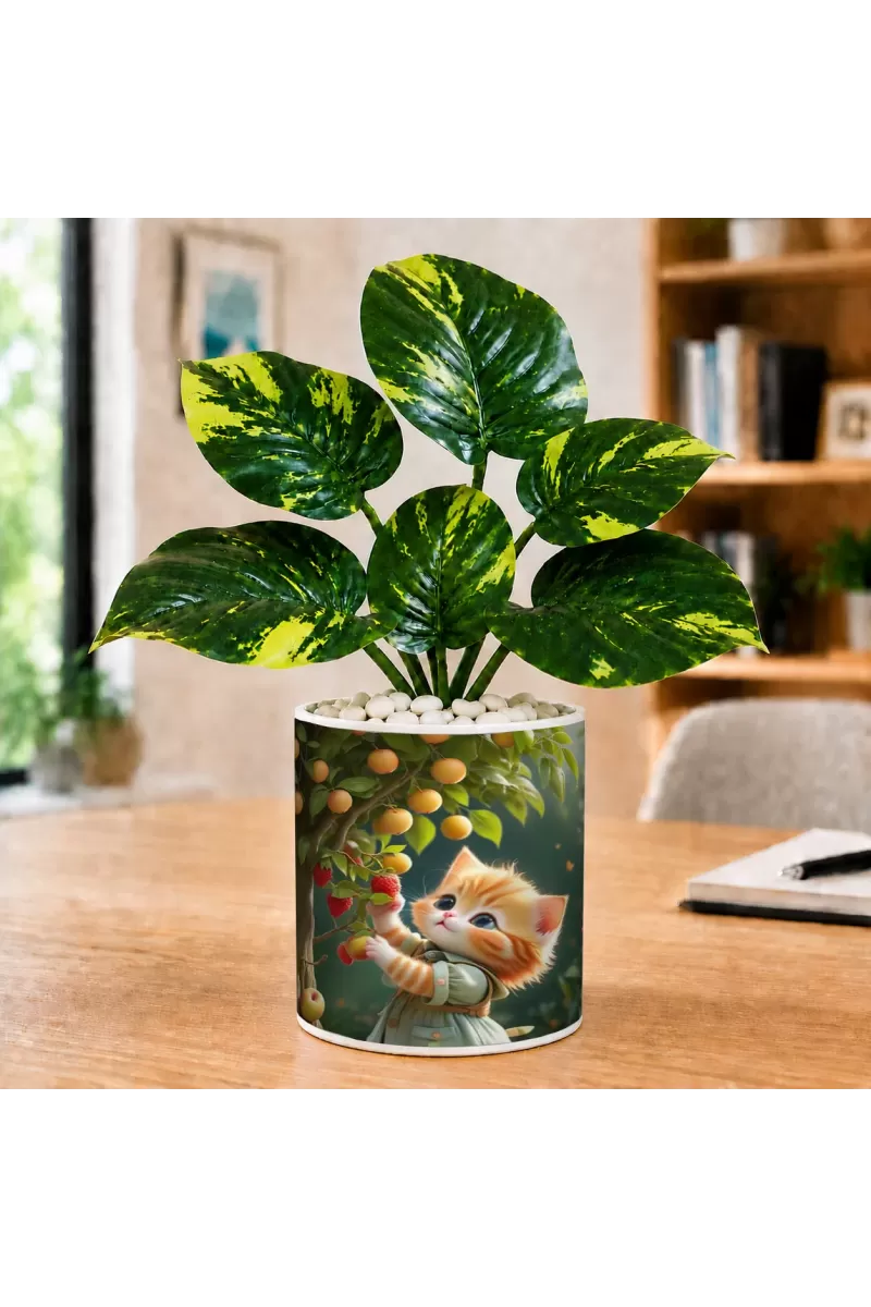 Artificial Tree Ceramic Photo Pot With White Stones 3x4 Inch (F165840)