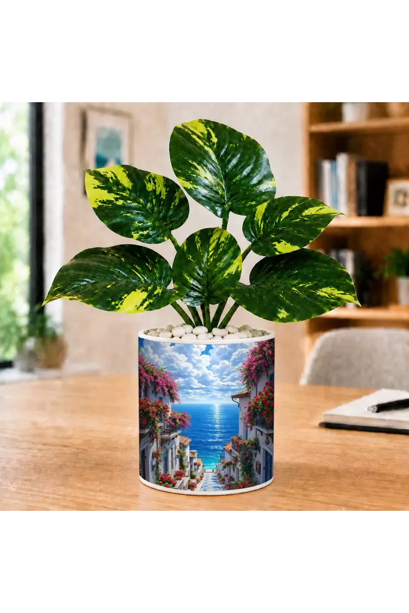 Artificial Tree Ceramic Photo Pot With White Stones 3x4 Inch (F165844)