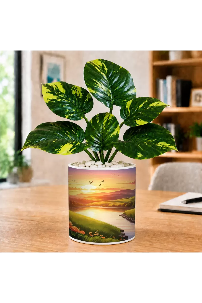 Artificial Tree Ceramic Photo Pot With White Stones 3x4 Inch (F165846)