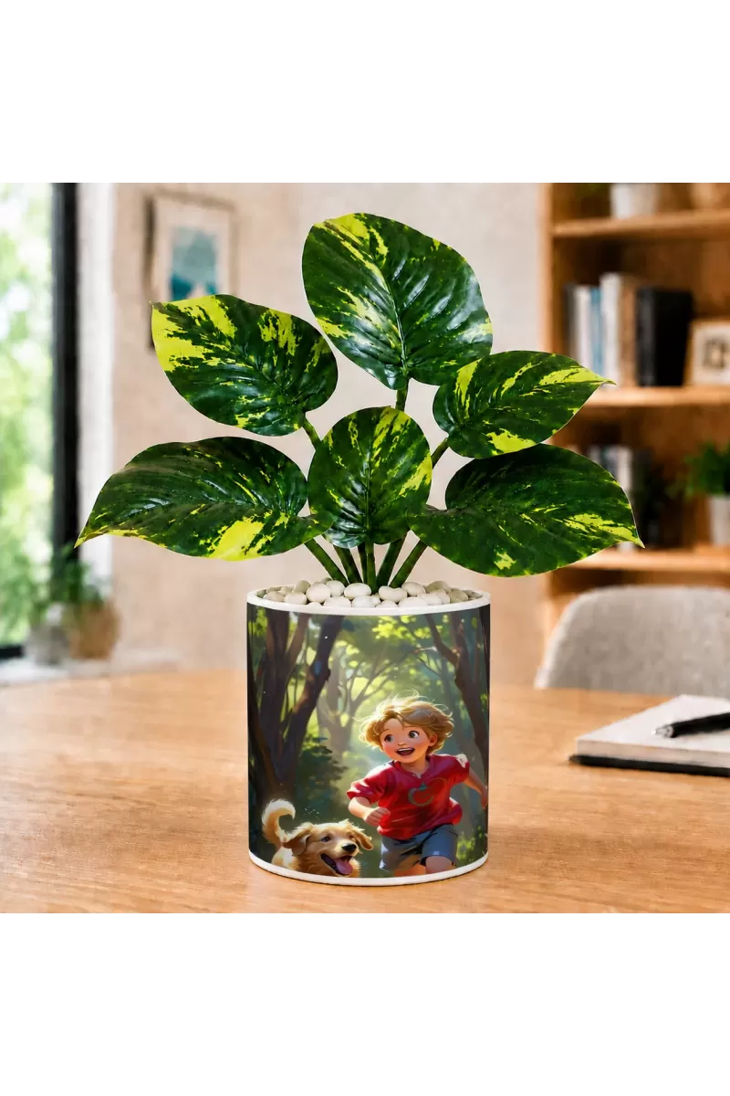 Artificial Tree Ceramic Photo Pot With White Stones 3x4 Inch (F165849)