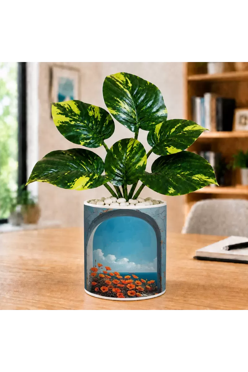 Artificial Tree Ceramic Photo Pot With White Stones 3x4 Inch (F165853)