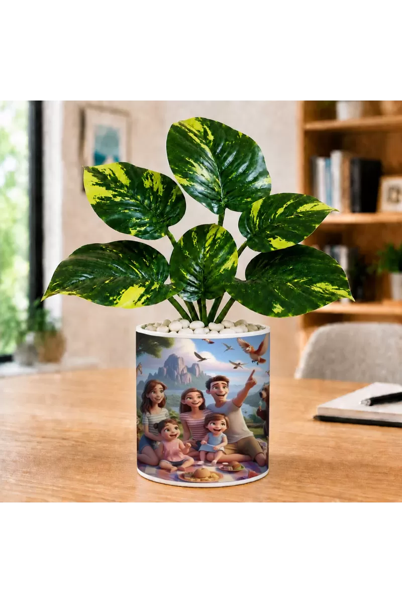 Artificial Tree Ceramic Photo Pot With White Stones 3x4 Inch (F165854)