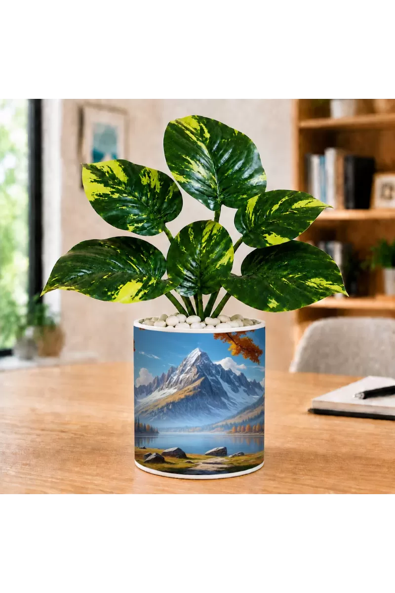 Artificial Tree Ceramic Photo Pot With White Stones 3x4 Inch (F165855)