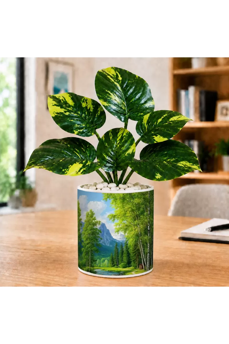 Artificial Tree Ceramic Photo Pot With White Stones 3x4 Inch (F165859)