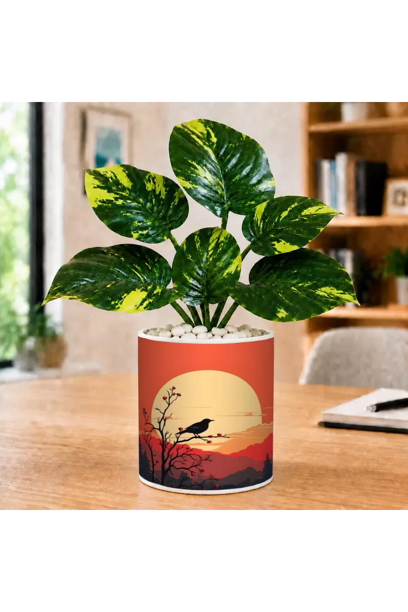 Artificial Tree Ceramic Photo Pot With White Stones 3x4 Inch (F165869)