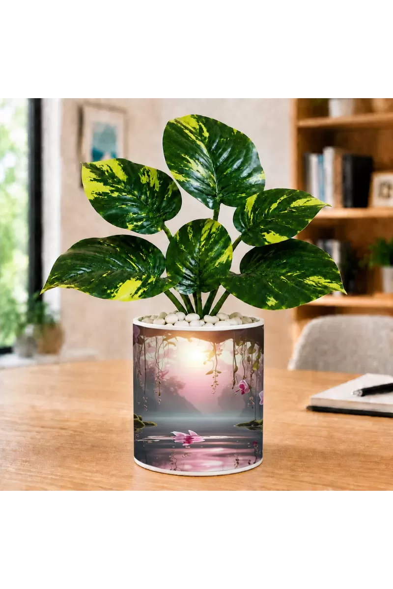 Artificial Tree Ceramic Photo Pot With White Stones 3x4 Inch (F165882)