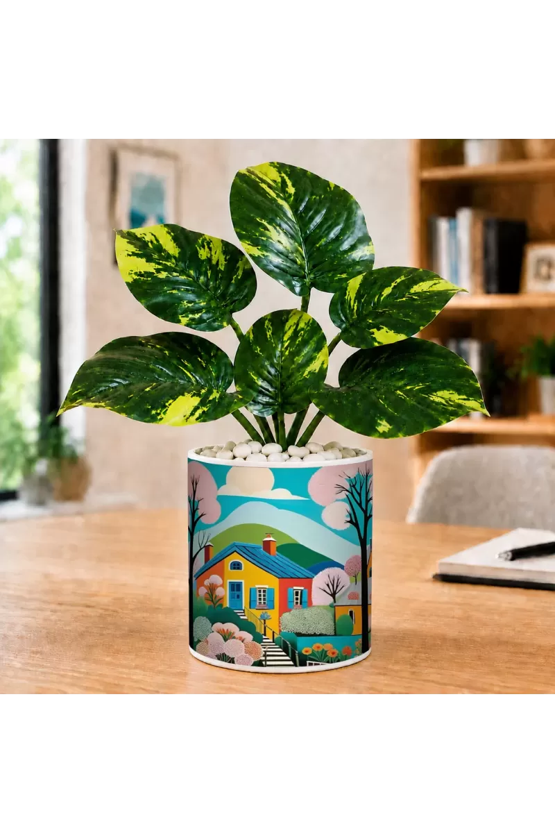 Artificial Tree Ceramic Photo Pot With White Stones 3x4 Inch (F165883)