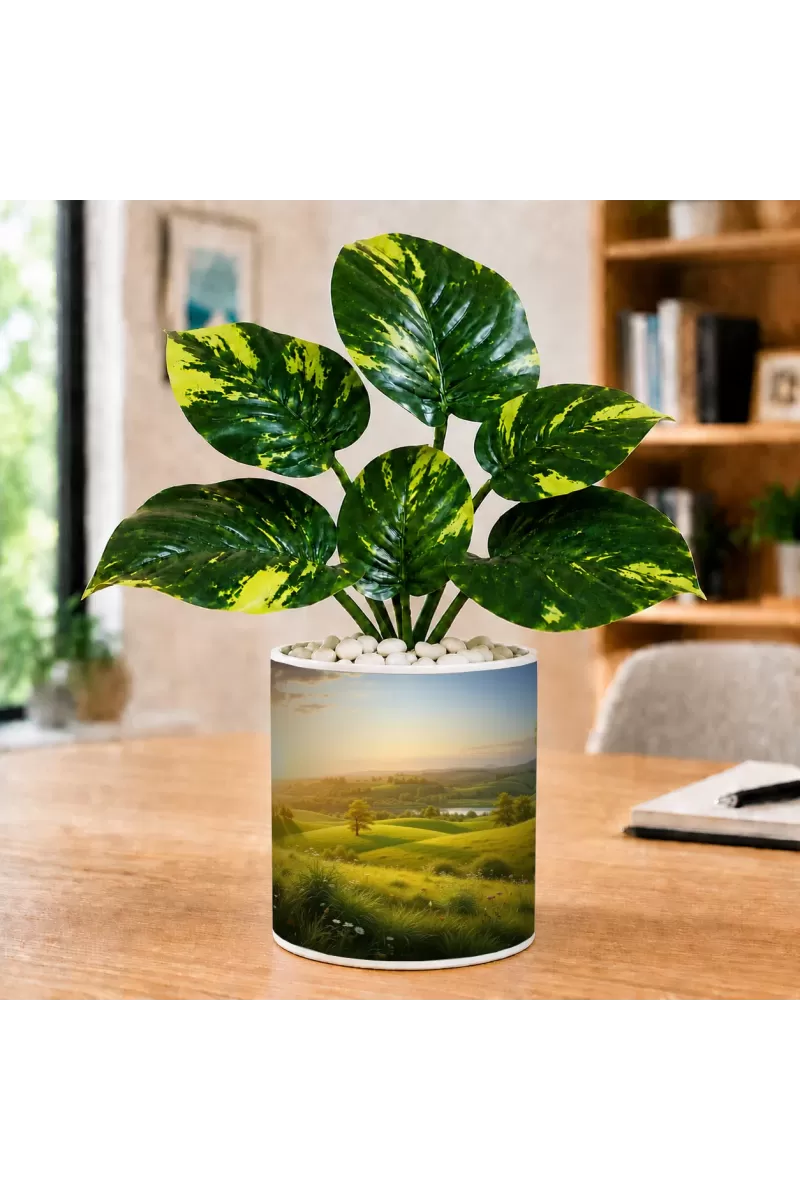 Artificial Tree Ceramic Photo Pot With White Stones 3x4 Inch (F165888)