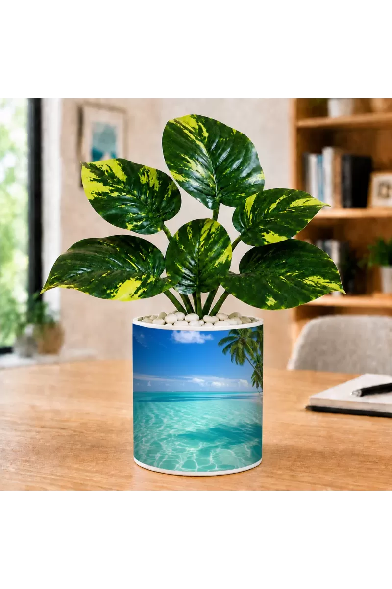 Artificial Tree Ceramic Photo Pot With White Stones 3x4 Inch (F165892)