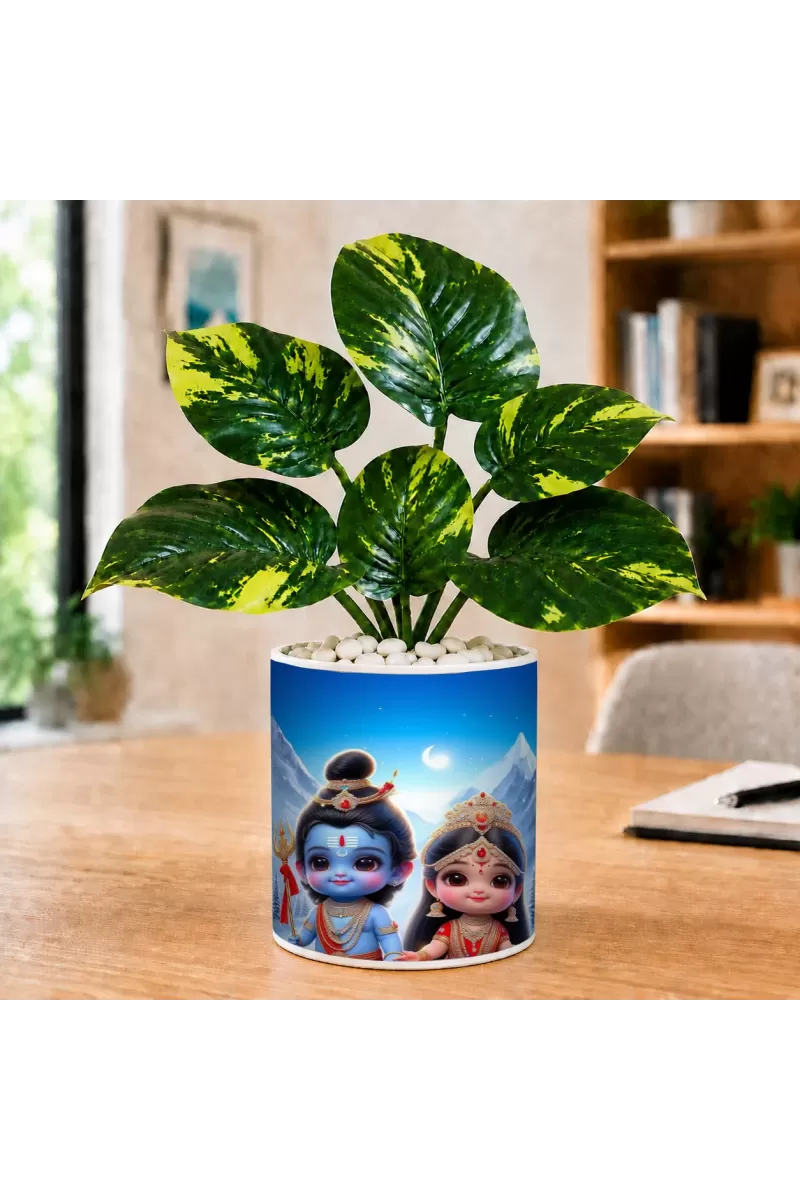 Artificial Tree Ceramic Photo Pot With White Stones 3x4 Inch (F165894)