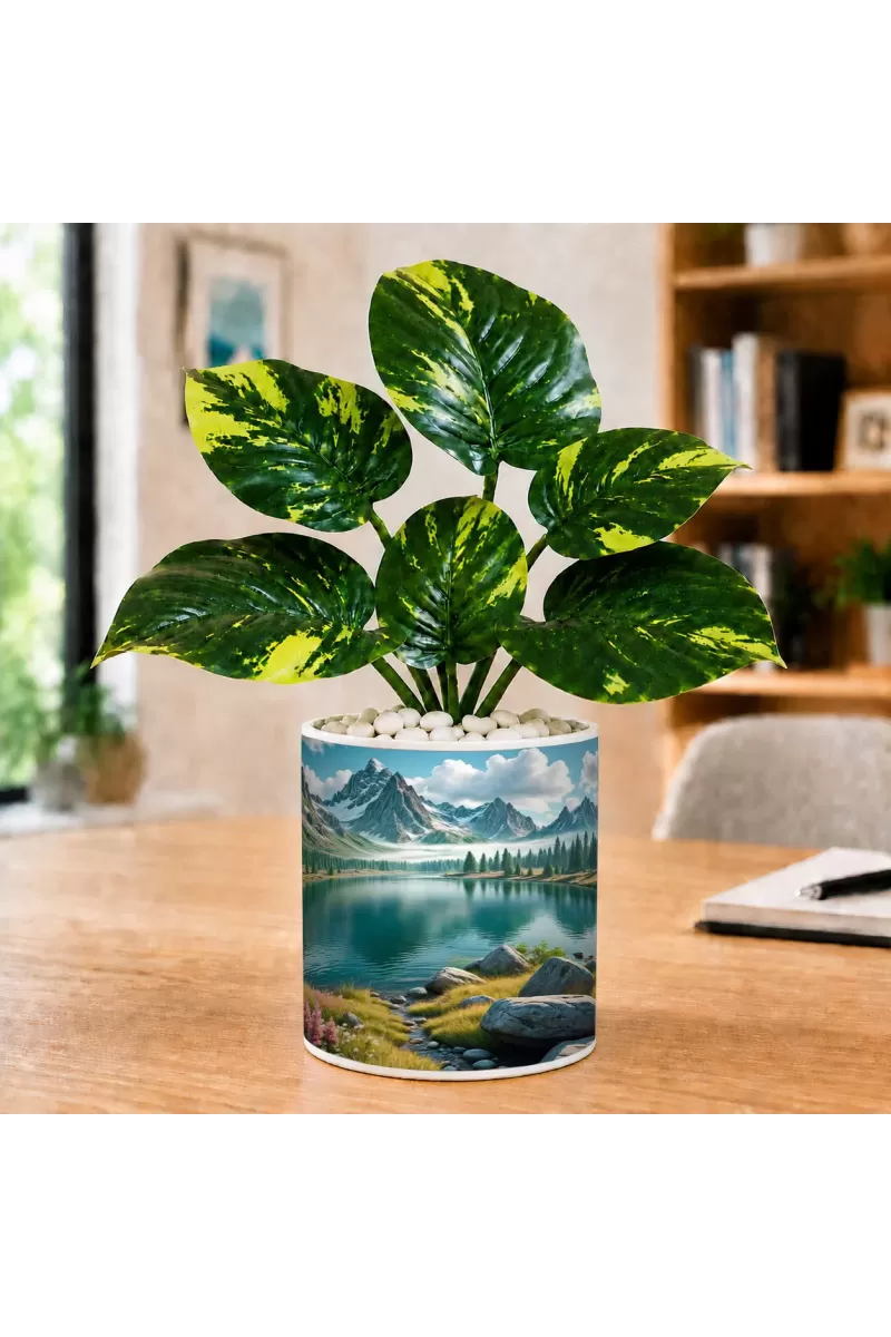 Artificial Tree Ceramic Photo Pot With White Stones 3x4 Inch (F165900)