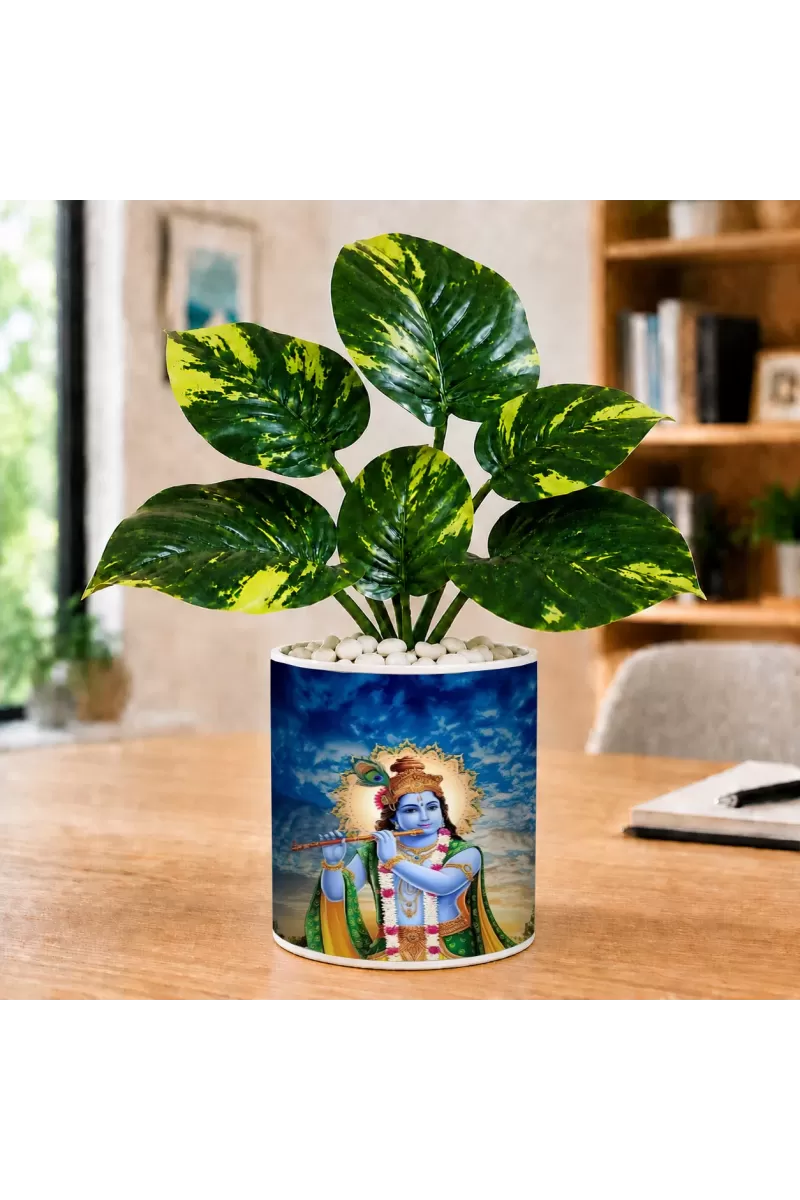 Artificial Tree Ceramic Photo Pot With White Stones 3x4 Inch (F165907)