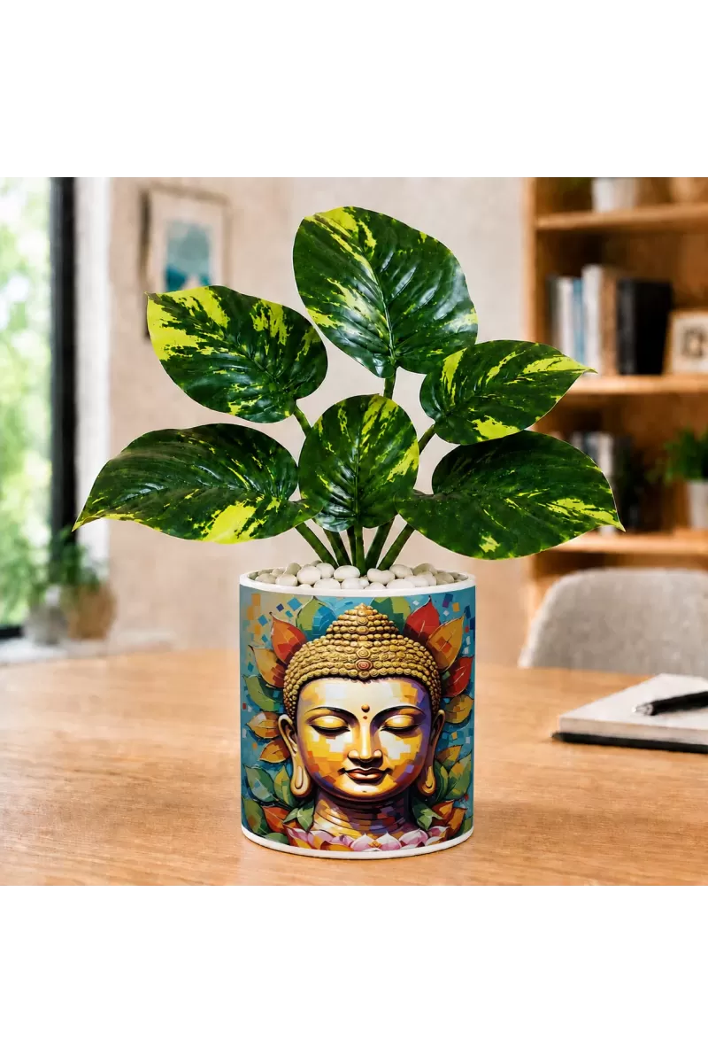 Artificial Tree Ceramic Photo Pot With White Stones 3x4 Inch (F165913)