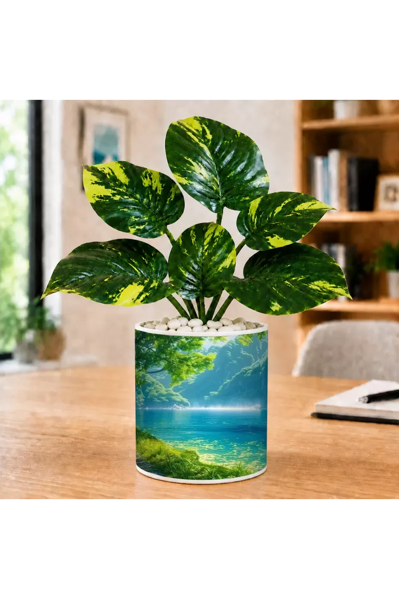 Artificial Tree Ceramic Photo Pot With White Stones 3x4 Inch (F165915)