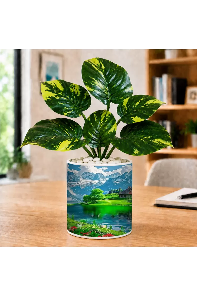 Artificial Tree Ceramic Photo Pot With White Stones 3x4 Inch (F165917)
