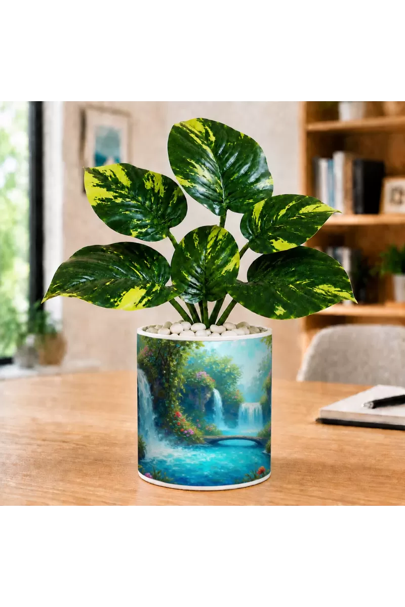 Artificial Tree Ceramic Photo Pot With White Stones 3x4 Inch (F165929)