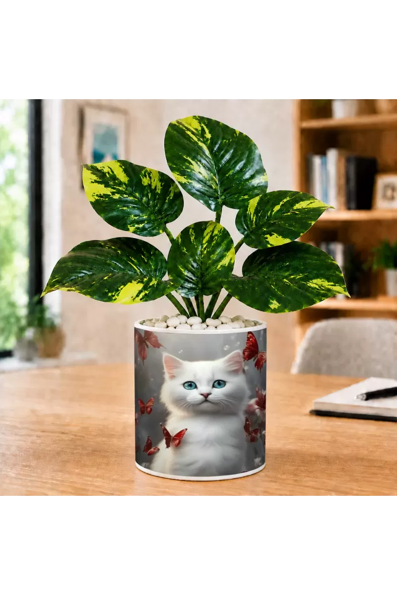 Artificial Tree Ceramic Photo Pot With White Stones 3x4 Inch (F165935)