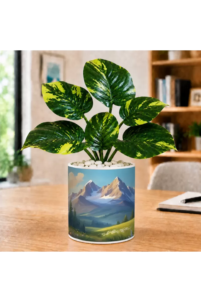 Artificial Tree Ceramic Photo Pot With White Stones 3x4 Inch (F165936)