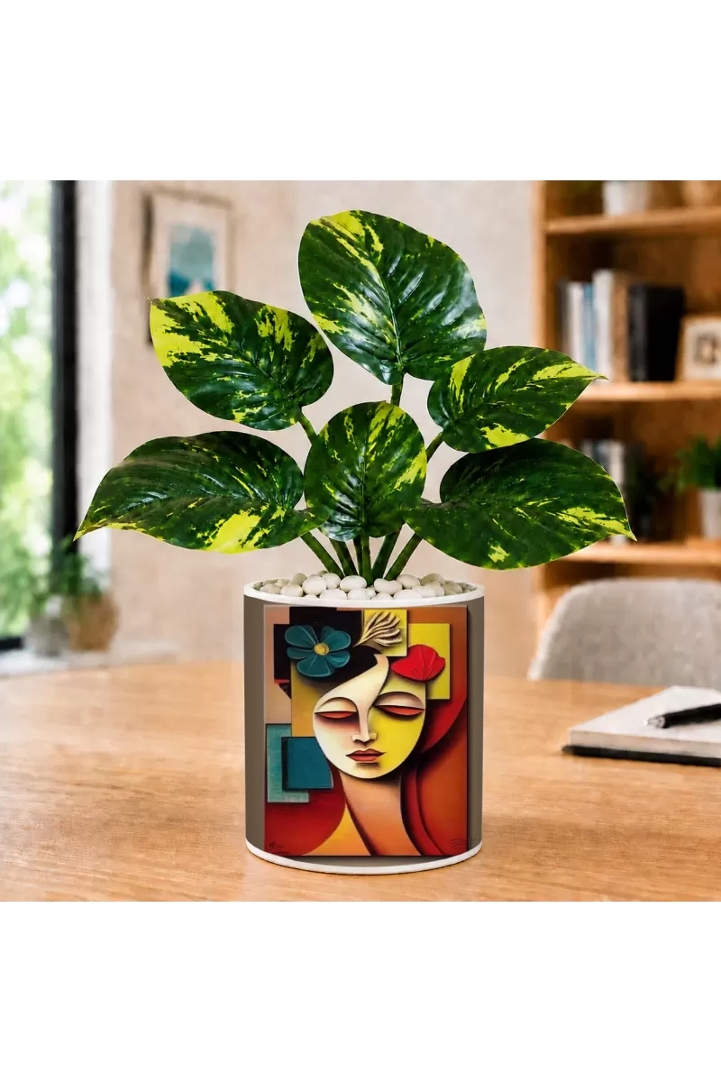 Artificial Tree Ceramic Photo Pot With White Stones 3x4 Inch (F165937)
