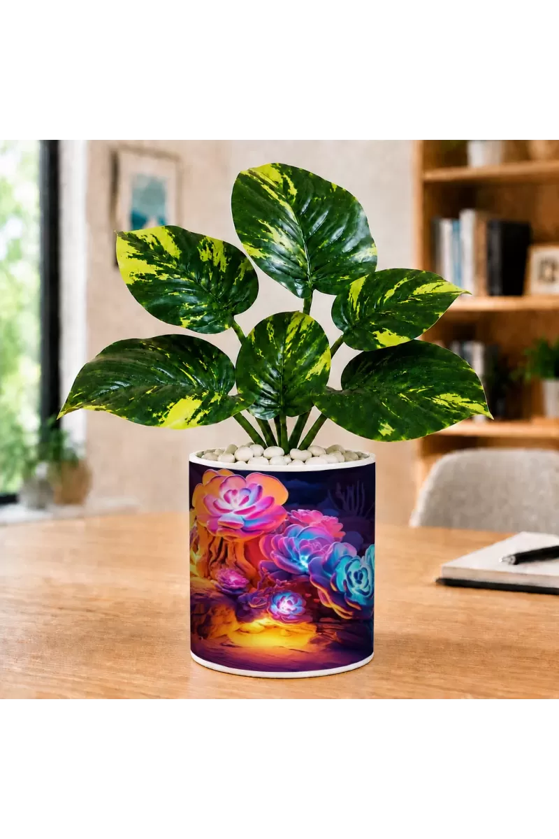 Artificial Tree Ceramic Photo Pot With White Stones 3x4 Inch (F165939)