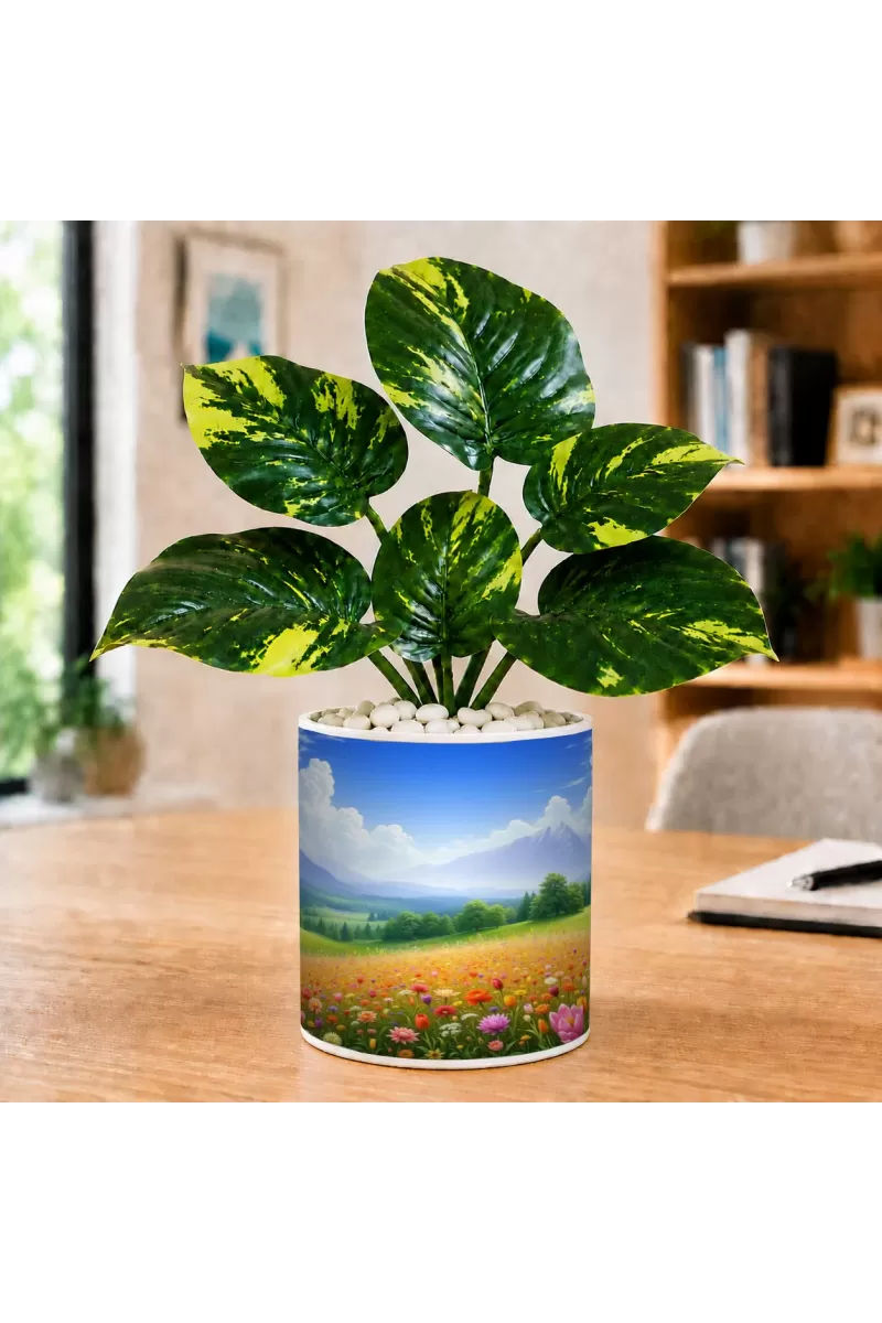 Artificial Tree Ceramic Photo Pot With White Stones 3x4 Inch (F165953)