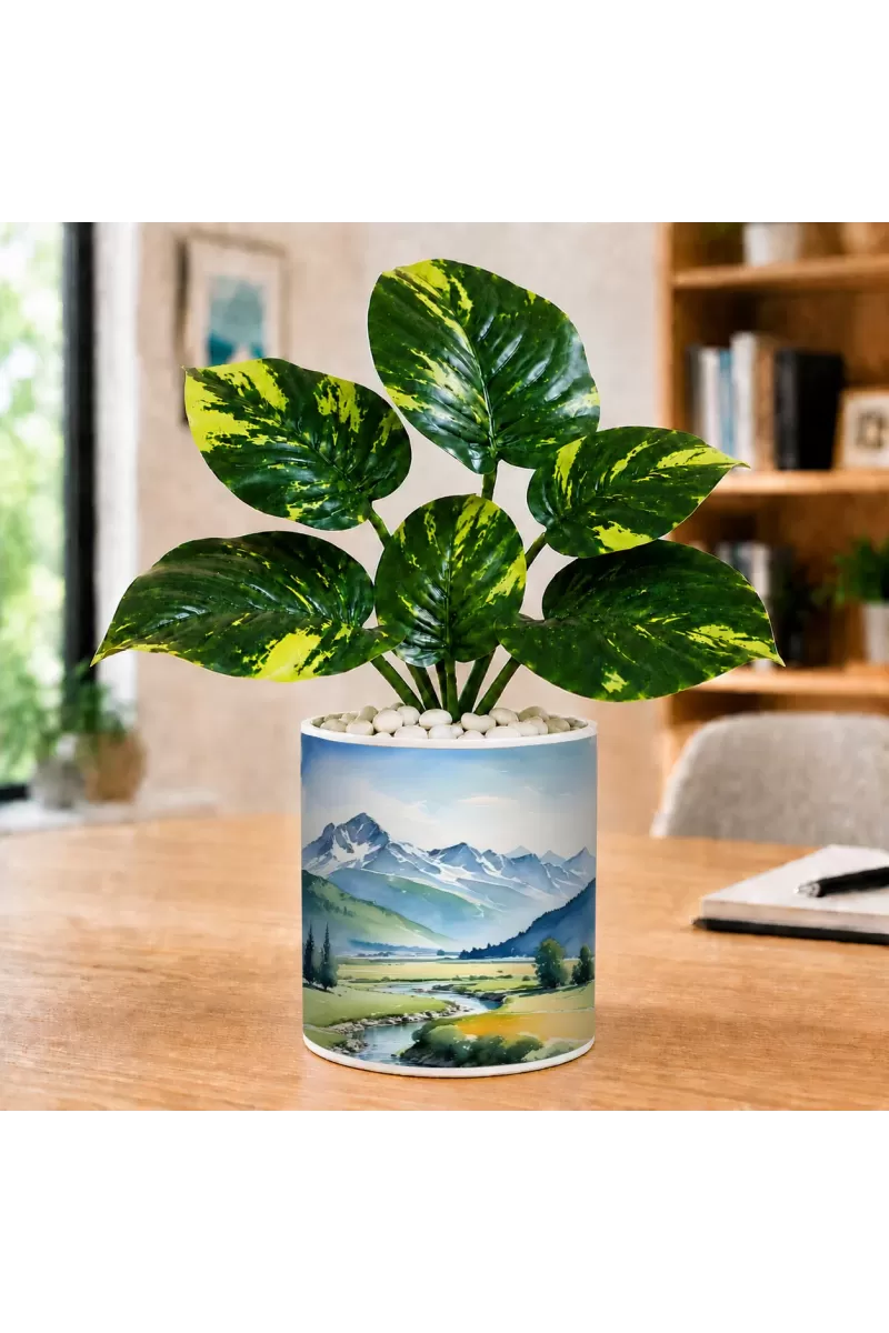 Artificial Tree Ceramic Photo Pot With White Stones 3x4 Inch (F165974)