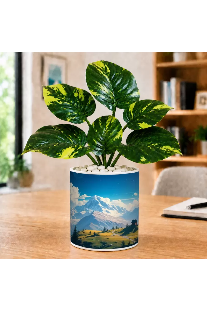 Artificial Tree Ceramic Photo Pot With White Stones 3x4 Inch (F165985)