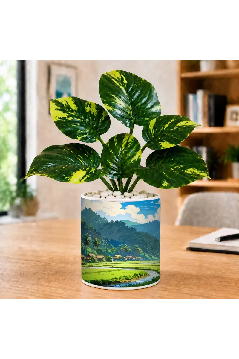 Artificial Tree Ceramic Photo Pot With White Stones 3x4 Inch (F165987)