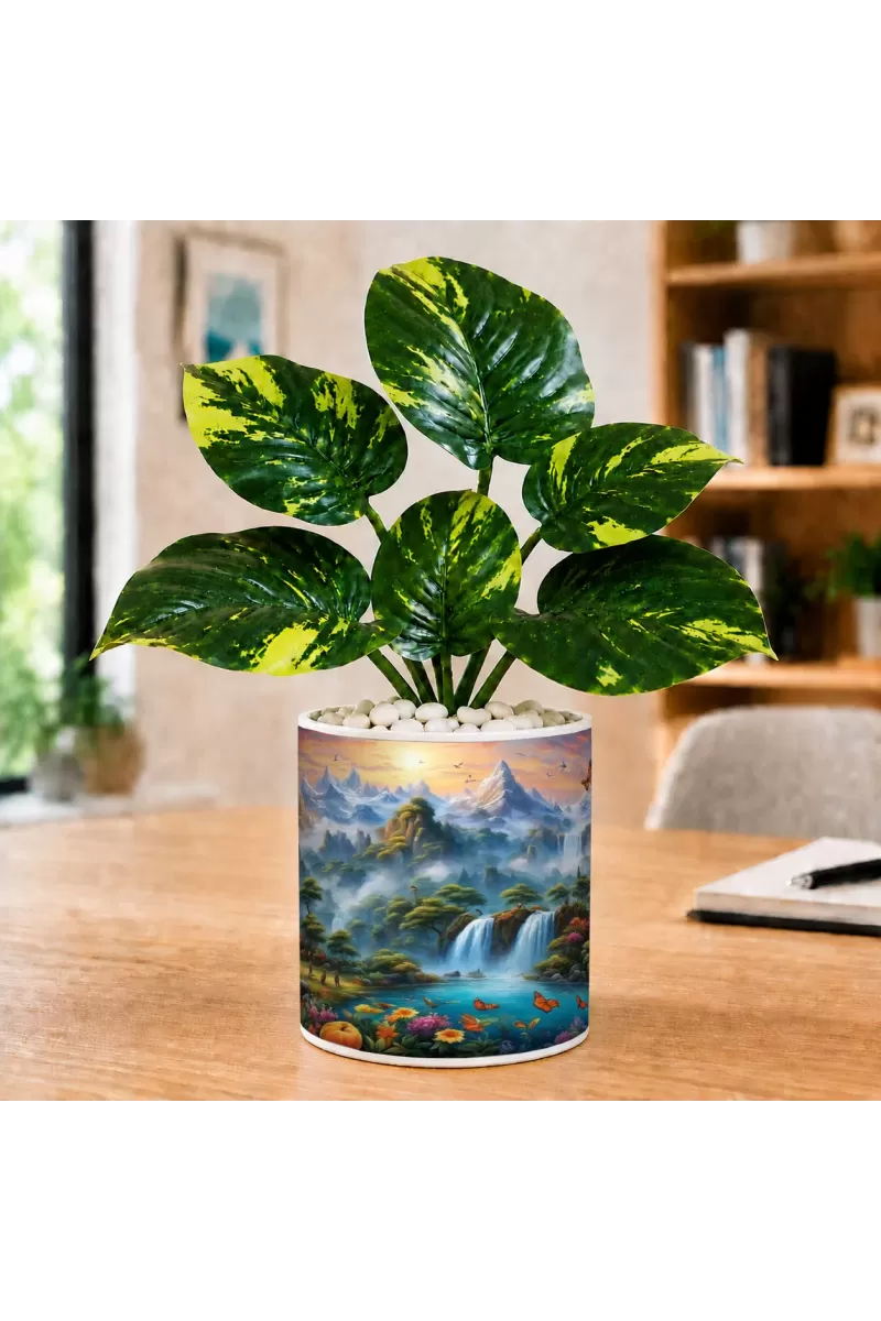 Artificial Tree Ceramic Photo Pot With White Stones 3x4 Inch (F165990)