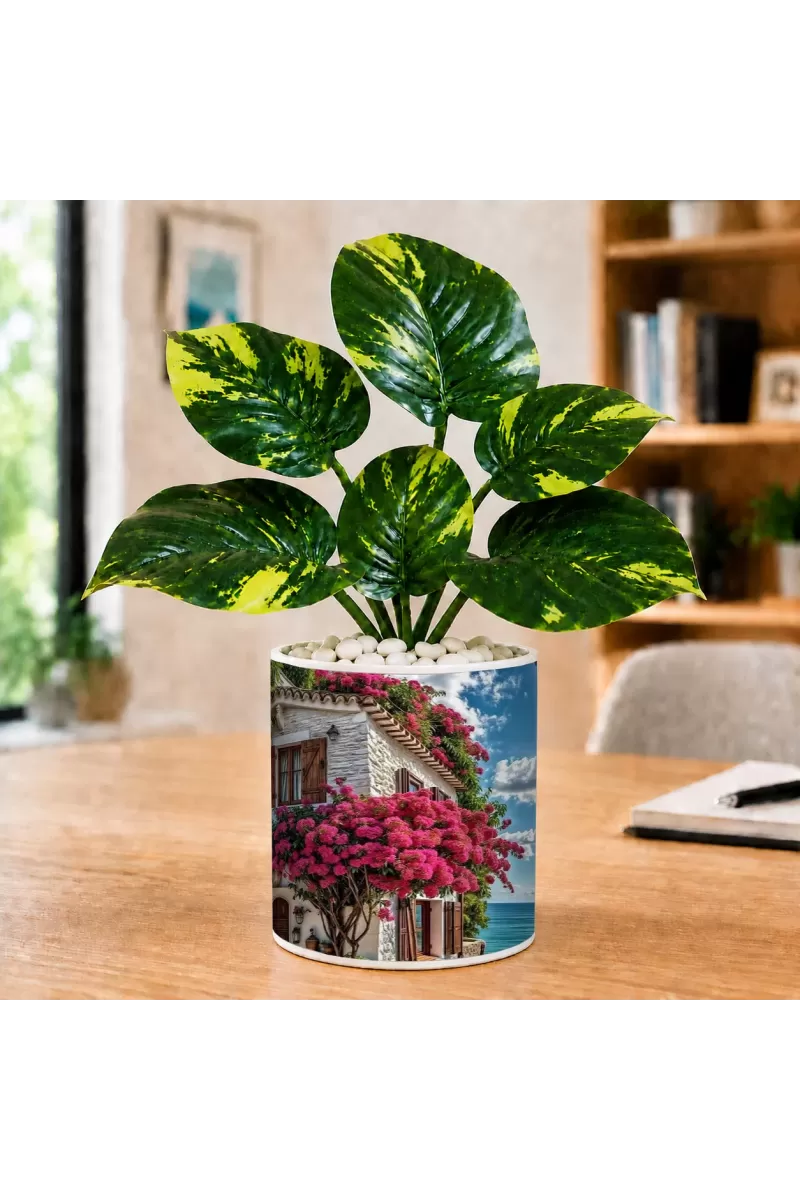 Artificial Tree Ceramic Photo Pot With White Stones 3x4 Inch (F165991)