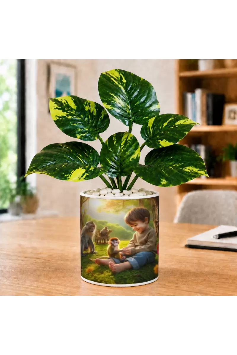 Artificial Tree Ceramic Photo Pot With White Stones 3x4 Inch (F165994)