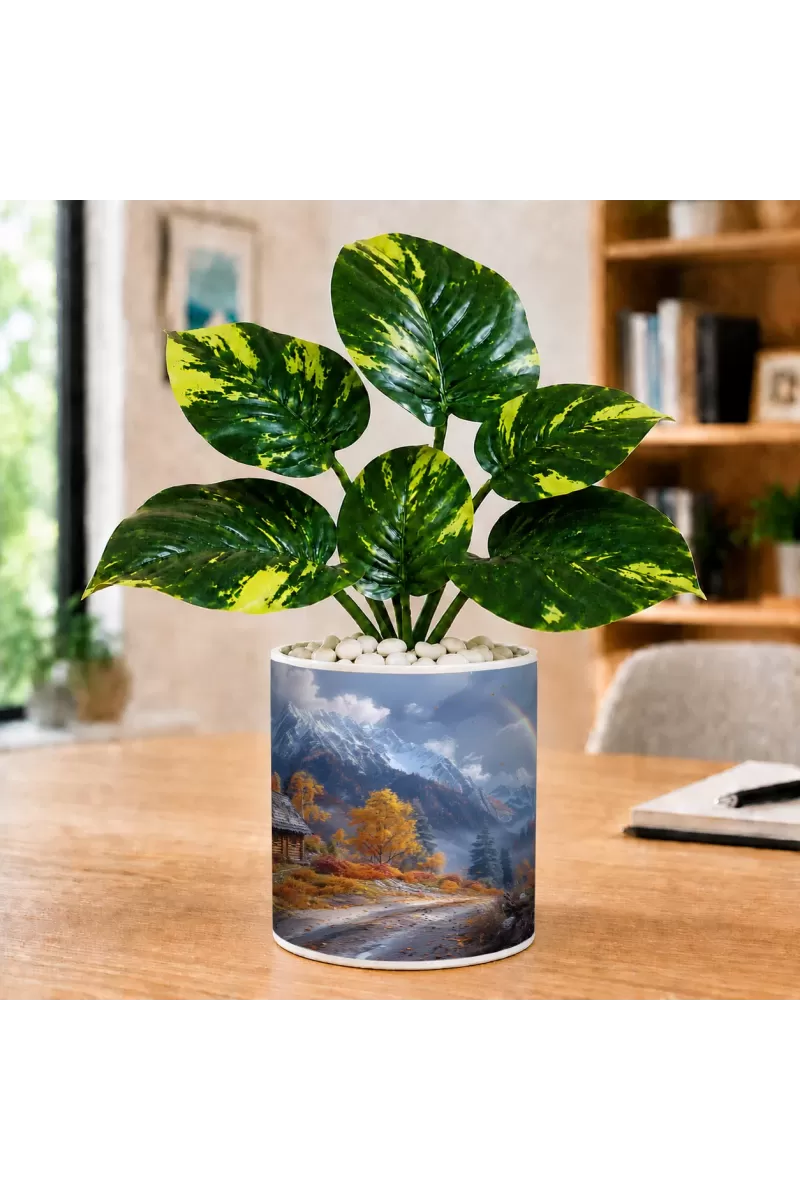Artificial Tree Ceramic Photo Pot With White Stones 3x4 Inch (F165996)