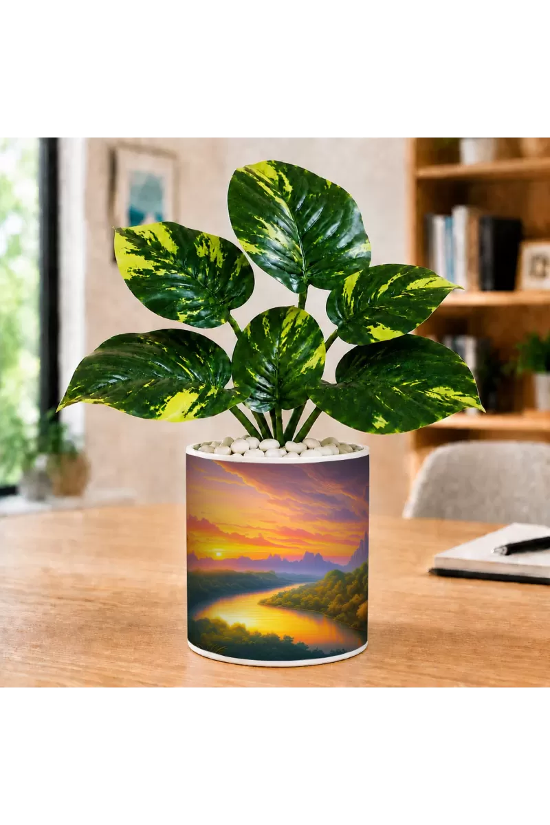 Artificial Tree Ceramic Photo Pot With White Stones 3x4 Inch (F166013)