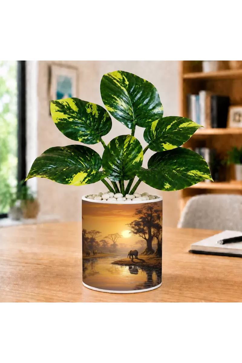 Artificial Tree Ceramic Photo Pot With White Stones 3x4 Inch (F166030)